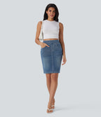High Waisted Pockets Washed Denim Casual Skirt — Blue Gray Denim — view 6