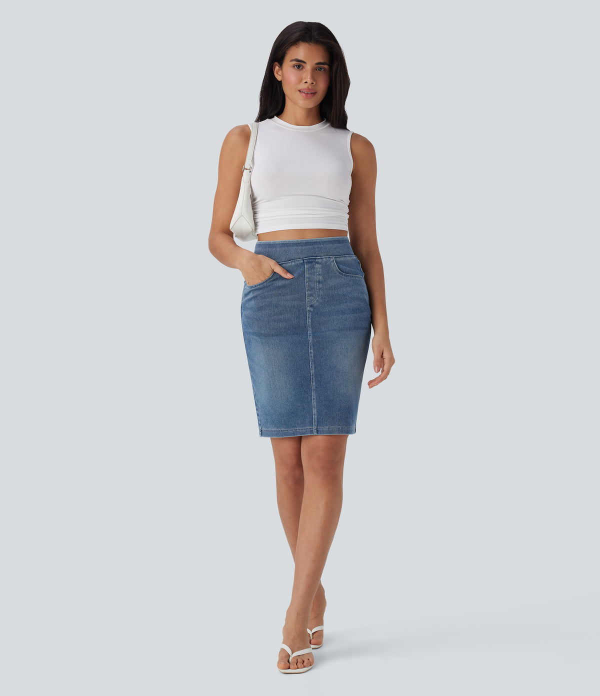 High Waisted Pockets Washed Denim Casual Skirt — Blue Gray Denim — view 6