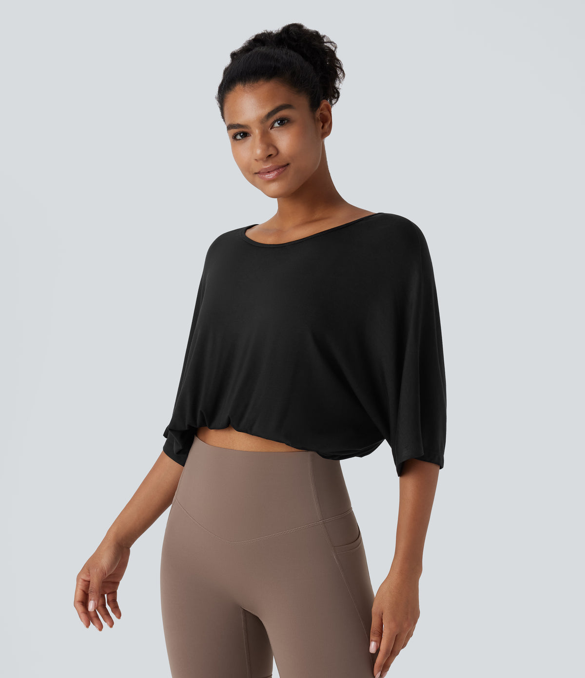 Boat Neck Backless 3/4 Sleeve Cropped Casual Top — Black — view 3
