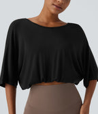 Boat Neck Backless 3/4 Sleeve Cropped Casual Top — Black — view 5