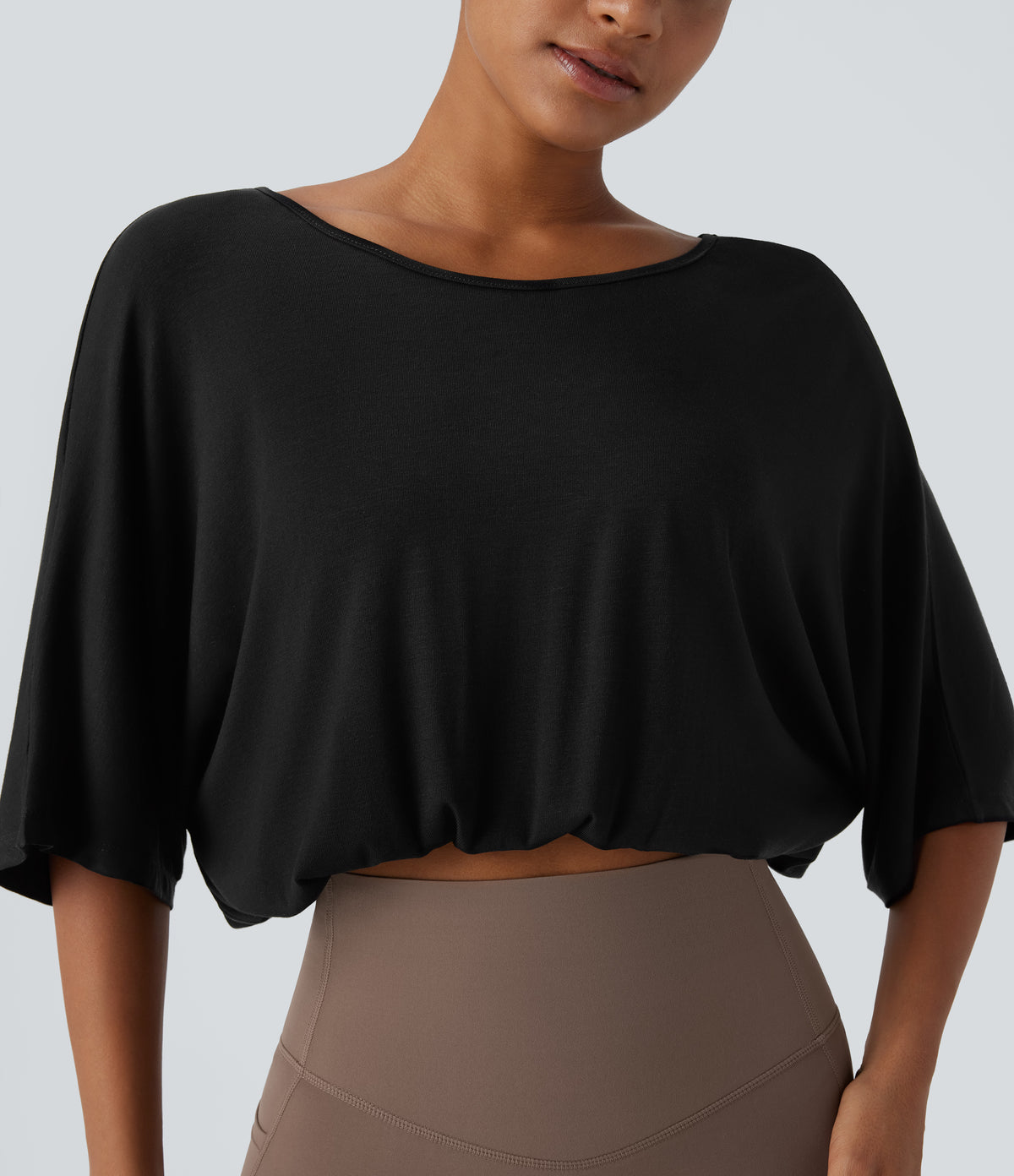 Boat Neck Backless 3/4 Sleeve Cropped Casual Top — Black — view 5