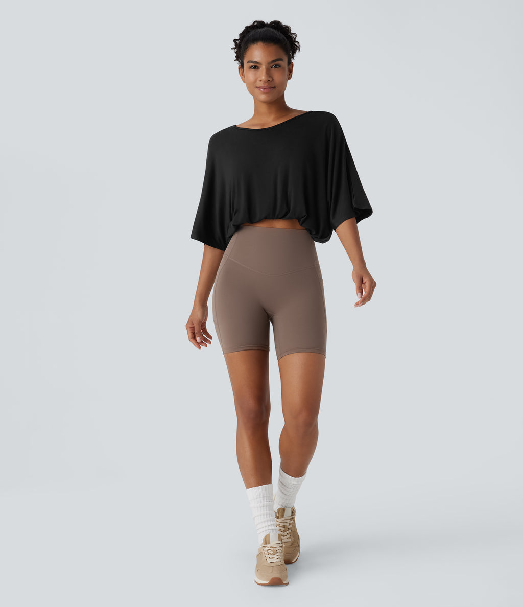 Boat Neck Backless 3/4 Sleeve Cropped Casual Top — Black — view 6