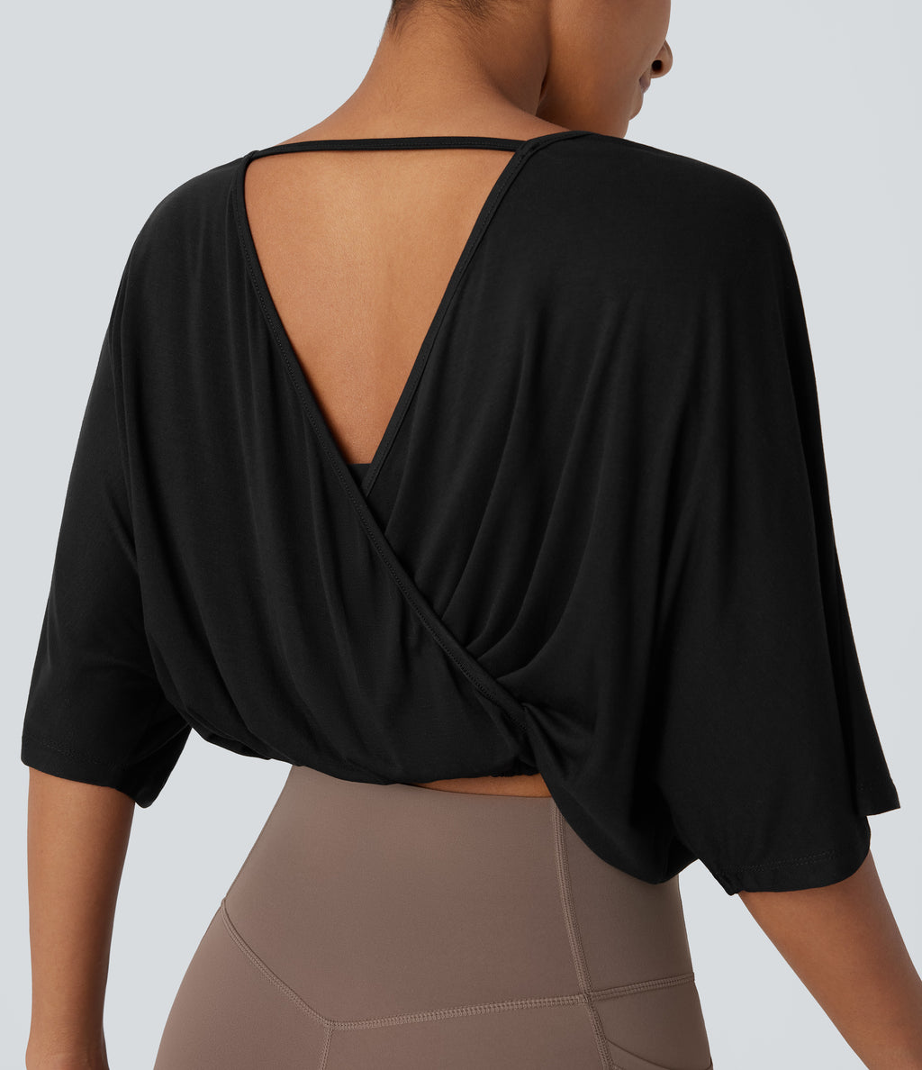 Boat Neck Backless 3/4 Sleeve Cropped Casual Top — Black — view 4