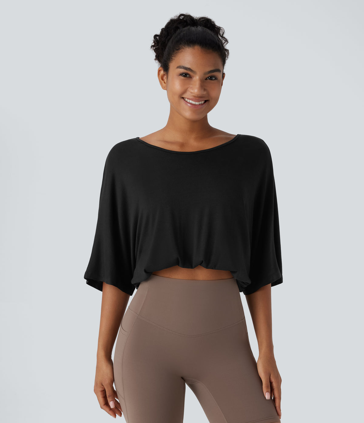 Boat Neck Backless 3/4 Sleeve Cropped Casual Top — Black — view 2