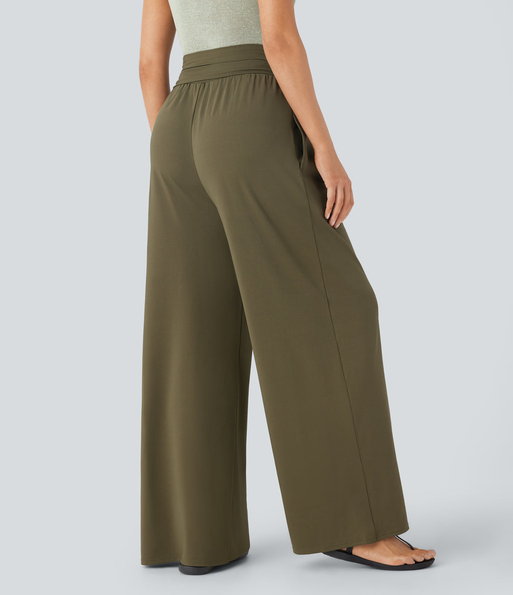 Super High Waisted Tummy Control Pocket Wide Leg Trousers — Capulet Olive — view 2