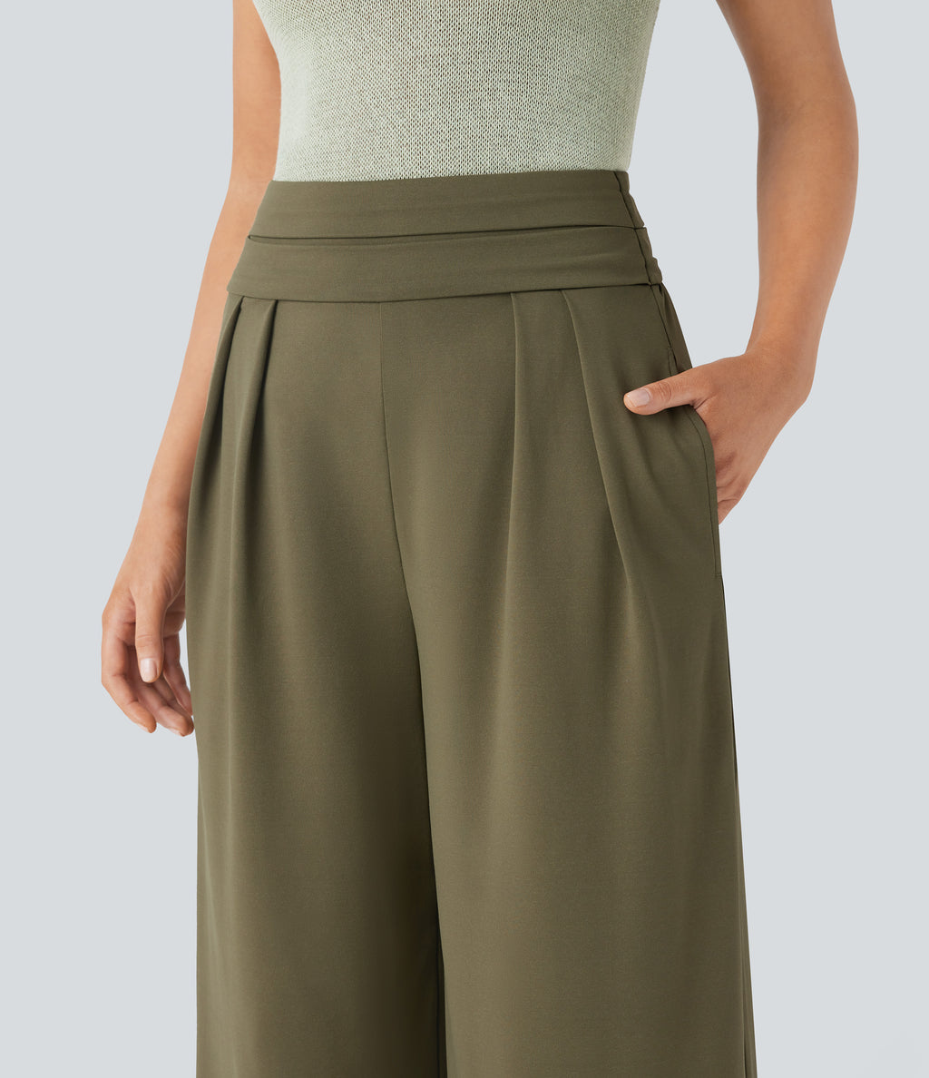 Super High Waisted Tummy Control Pocket Wide Leg Trousers — Capulet Olive — view 4