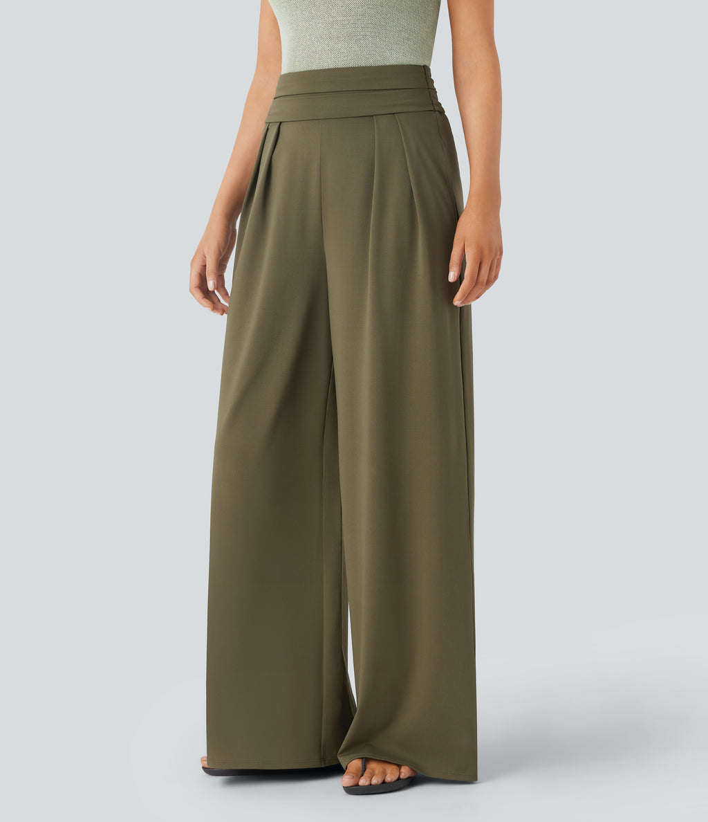 Super High Waisted Tummy Control Pocket Wide Leg Trousers — Capulet Olive — view 3