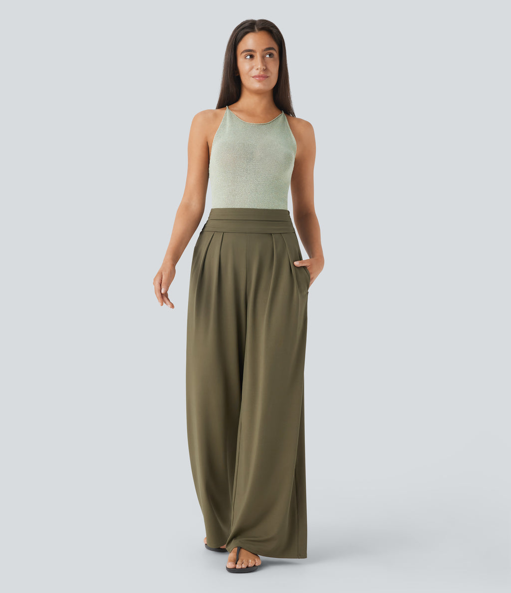 Super High Waisted Tummy Control Pocket Wide Leg Trousers — Capulet Olive — view 5