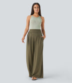 Super High Waisted Tummy Control Pocket Wide Leg Trousers — Capulet Olive — view 5