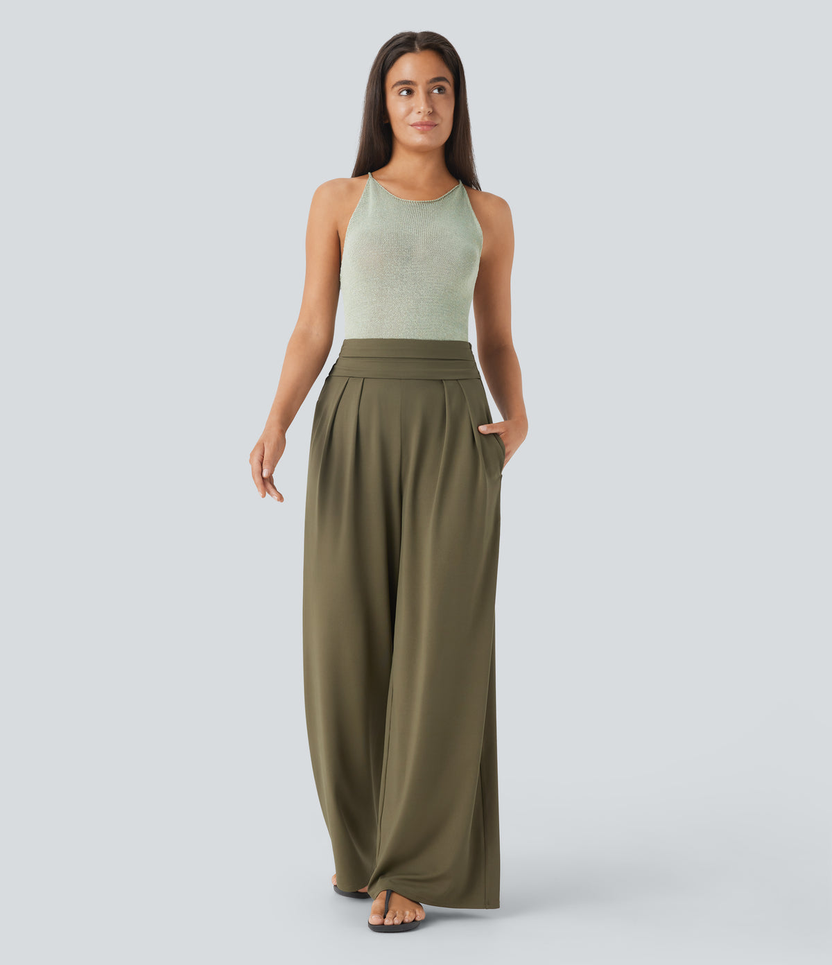 Super High Waisted Tummy Control Pocket Wide Leg Trousers — Capulet Olive — view 5