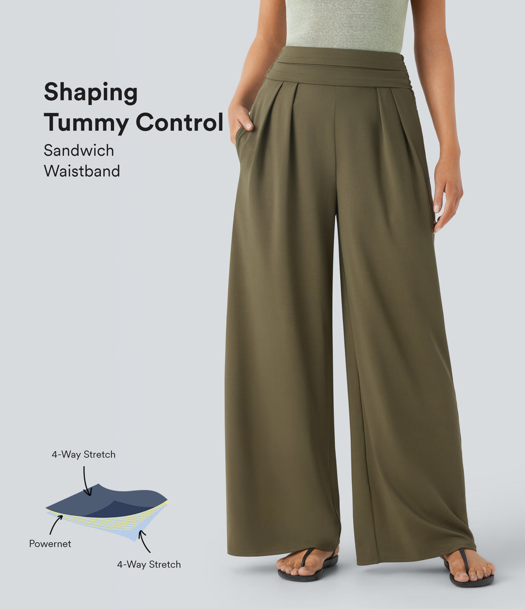 Super High Waisted Tummy Control Pocket Wide Leg Trousers — Capulet Olive — view 1