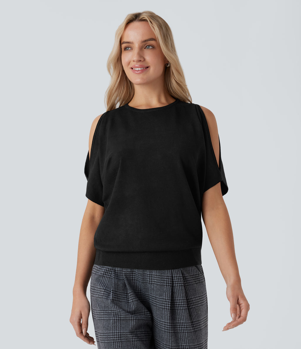 Round Neck Cold Shoulder Short Sleeve Work Jumper — Black — view 6
