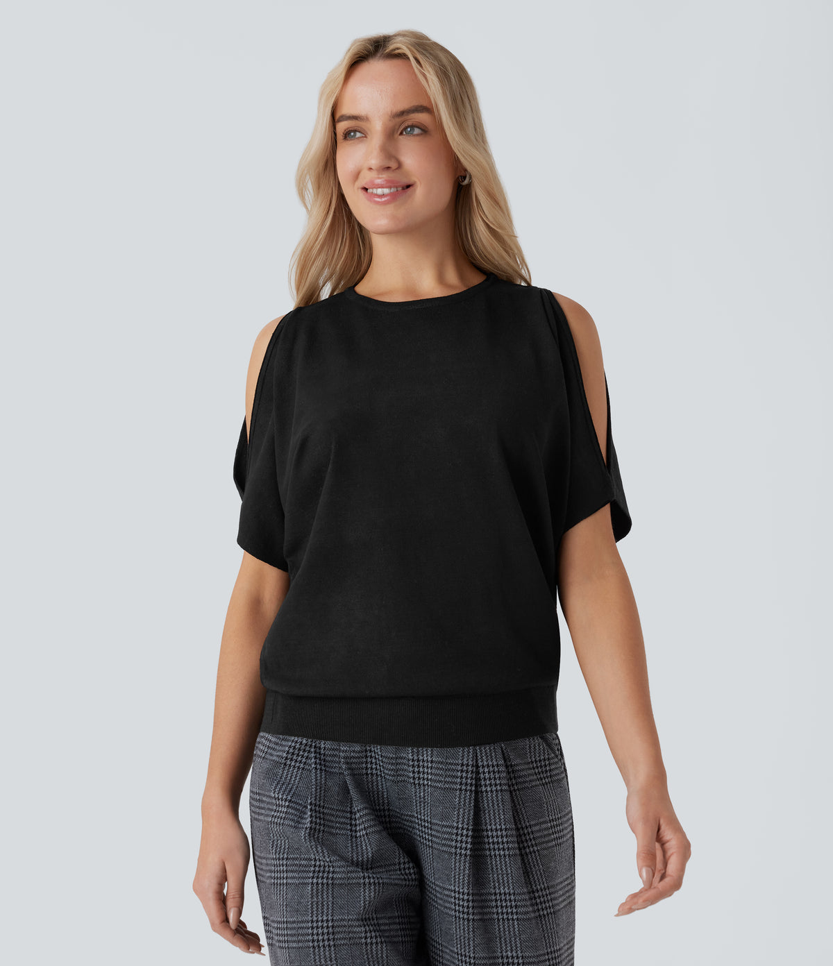Round Neck Cold Shoulder Short Sleeve Work Jumper — Black — view 6