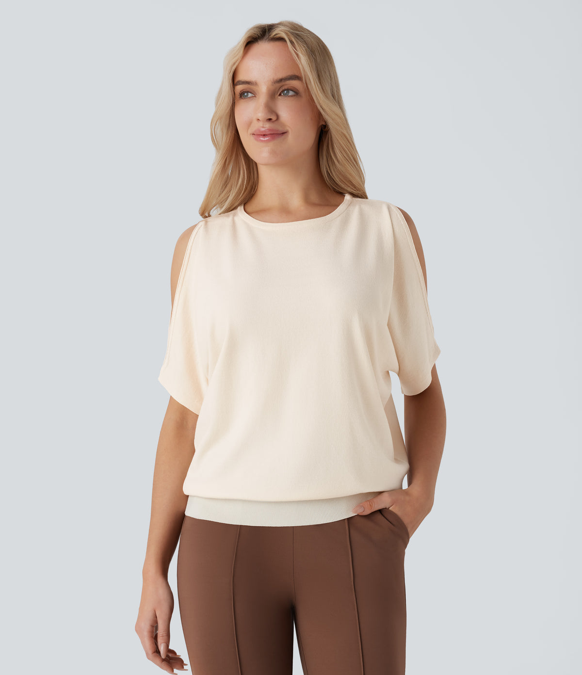 Round Neck Cold Shoulder Short Sleeve Work Jumper — Arctic Wolf — view 3