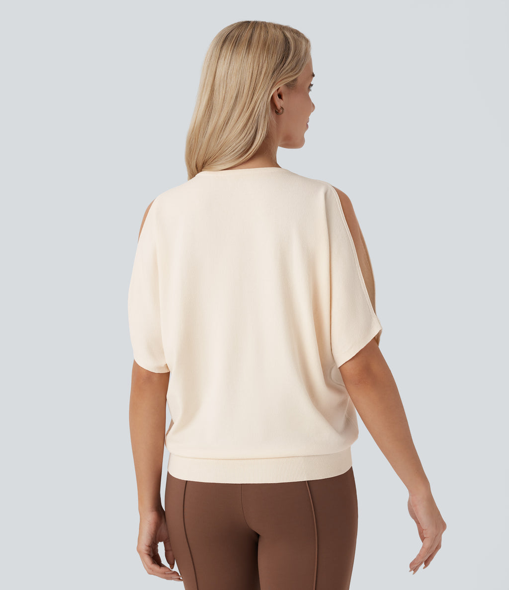 Round Neck Cold Shoulder Short Sleeve Work Jumper — Arctic Wolf — view 2