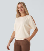 Round Neck Cold Shoulder Short Sleeve Work Jumper — Arctic Wolf — view 1