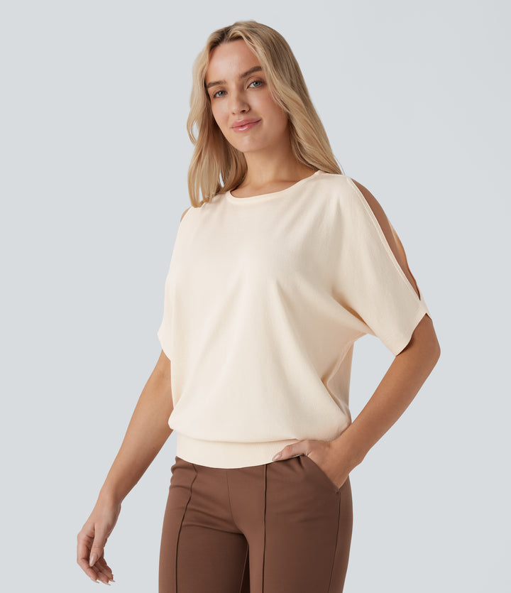 Round Neck Cold Shoulder Short Sleeve Work Jumper — Arctic Wolf — view 1
