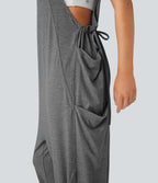 U Neck Drawstring Multiple Pockets Casual Jumpsuit — Darl Gray Floral Yarn — view 5