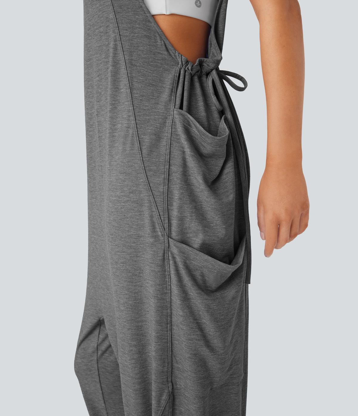 U Neck Drawstring Multiple Pockets Casual Jumpsuit — Darl Gray Floral Yarn — view 5