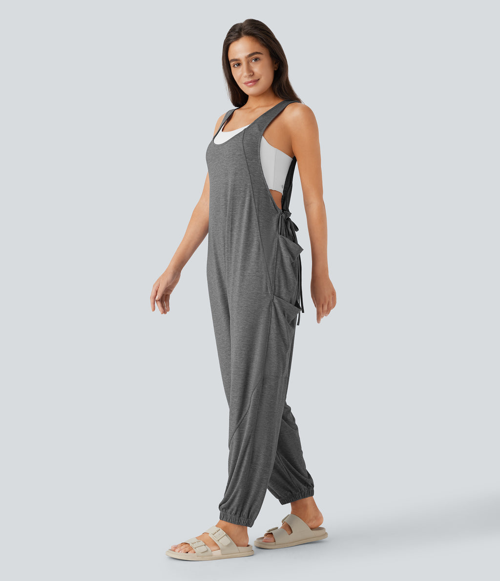 U Neck Drawstring Multiple Pockets Casual Jumpsuit — Darl Gray Floral Yarn — view 1