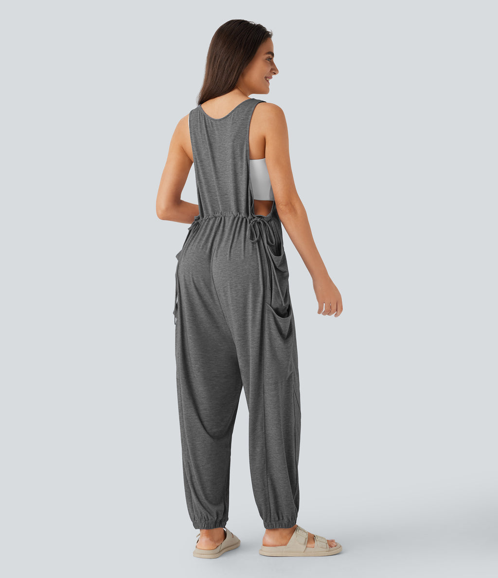 U Neck Drawstring Multiple Pockets Casual Jumpsuit — Darl Gray Floral Yarn — view 2