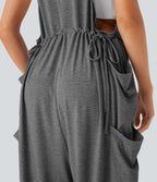 U Neck Drawstring Multiple Pockets Casual Jumpsuit — Darl Gray Floral Yarn — view 6