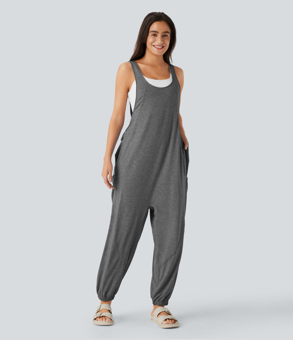 U Neck Drawstring Multiple Pockets Casual Jumpsuit — Darl Gray Floral Yarn — view 3