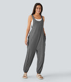 U Neck Drawstring Multiple Pockets Casual Jumpsuit — Darl Gray Floral Yarn — view 3