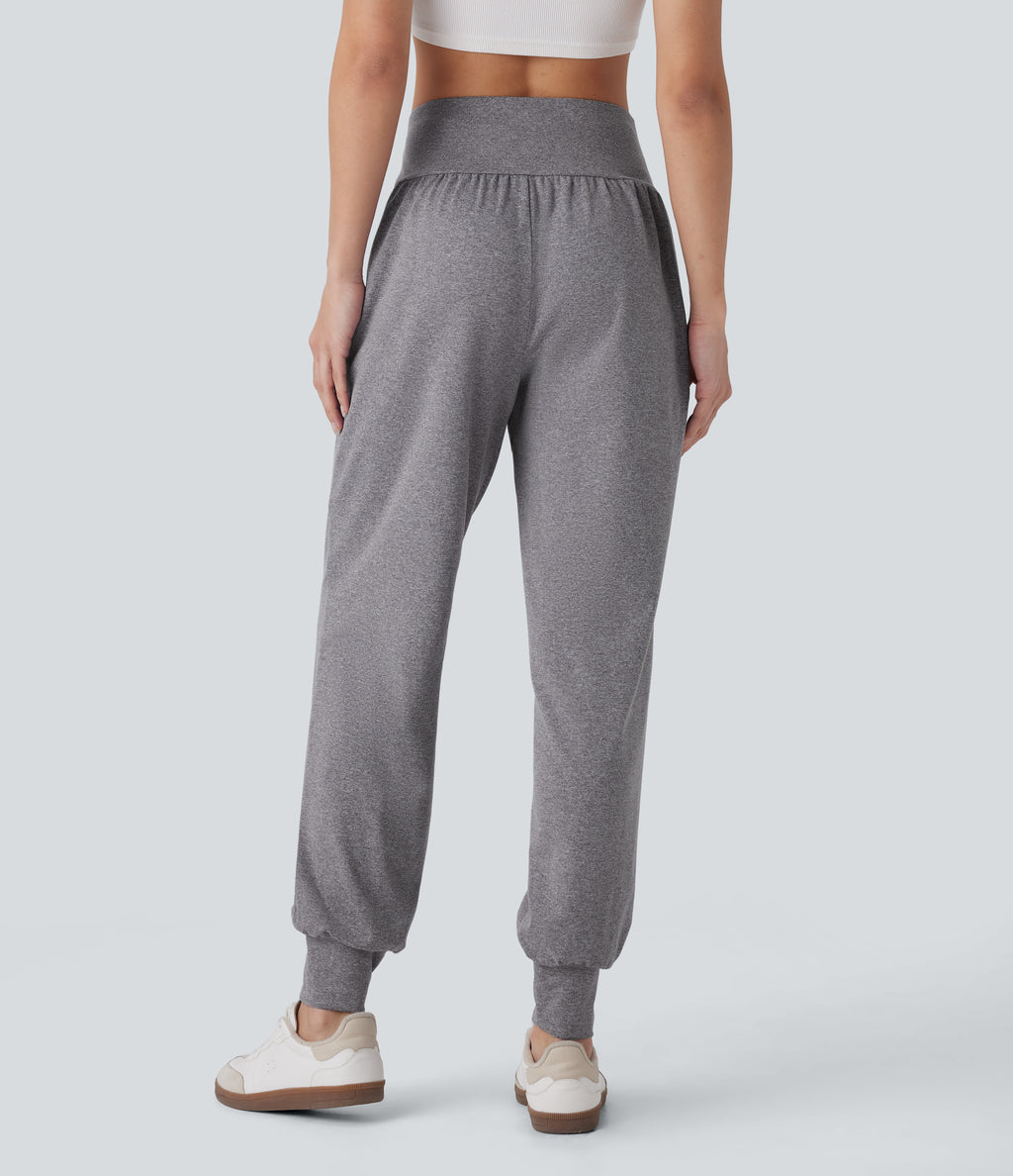 High Waisted Side Pocket Casual Joggers — Mottled Light Grey — view 1