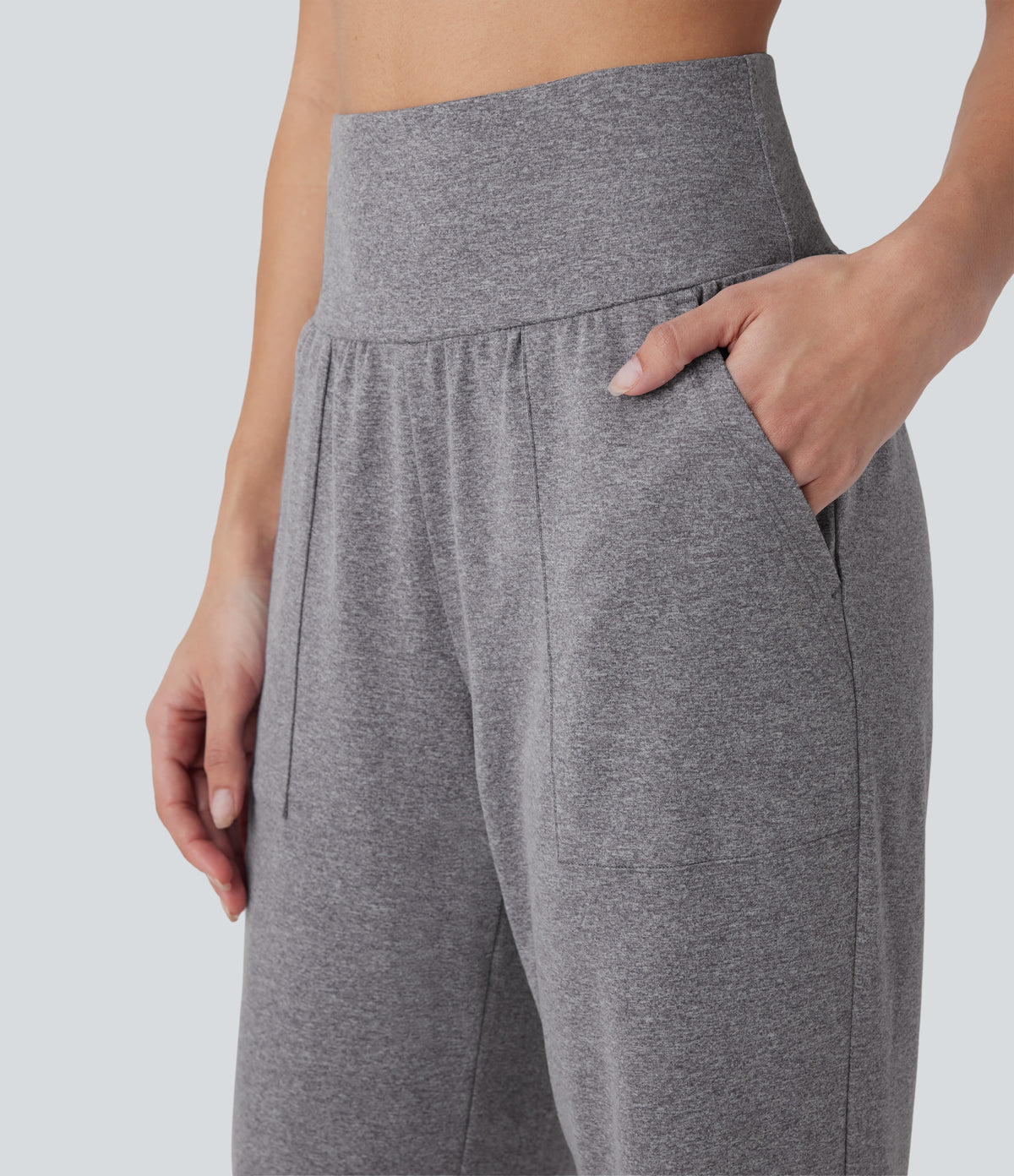 High Waisted Side Pocket Casual Joggers — Mottled Light Grey — view 4