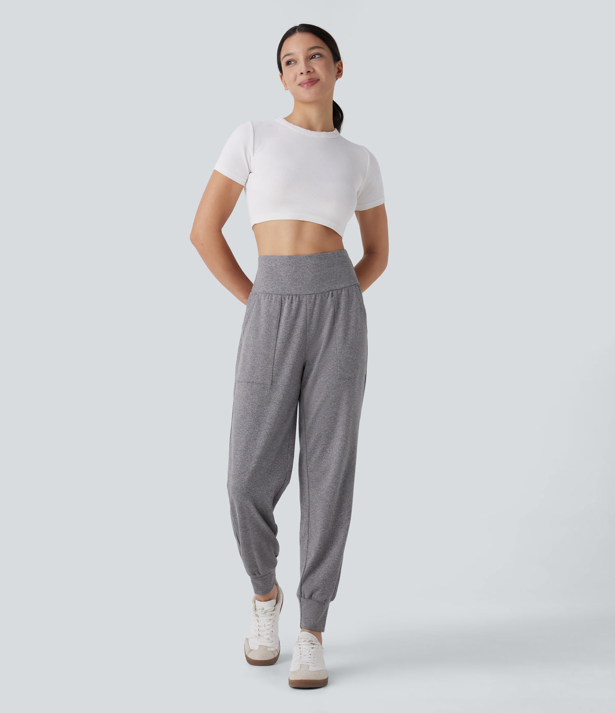 High Waisted Side Pocket Casual Joggers — Mottled Light Grey — view 6