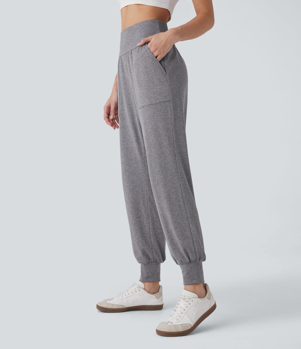 High Waisted Side Pocket Casual Joggers — Mottled Light Grey — view 3