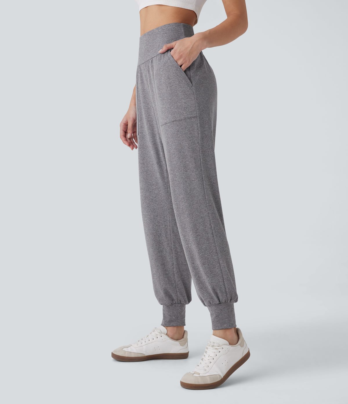 High Waisted Side Pocket Casual Joggers — Mottled Light Grey — view 3