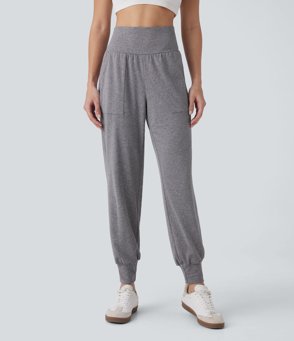 High Waisted Side Pocket Casual Joggers — Mottled Light Grey — view 2