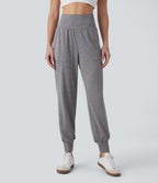 High Waisted Side Pocket Casual Joggers — Mottled Light Grey — view 2