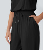 Sleeveless Cut Out Drawstring Pocket Yoga Jumpsuit-UPF50+ — Black — view 6