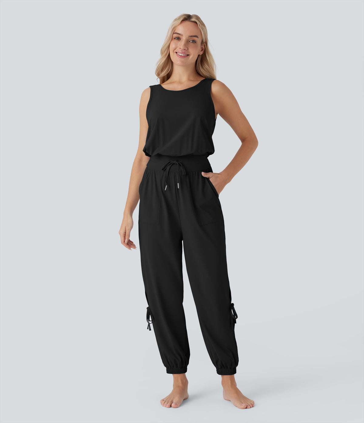 Sleeveless Cut Out Drawstring Pocket Yoga Jumpsuit-UPF50+ — Black — view 2
