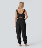 Sleeveless Cut Out Drawstring Pocket Yoga Jumpsuit-UPF50+ — Black — view 1