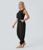 Sleeveless Cut Out Drawstring Pocket Yoga Jumpsuit-UPF50+ — Black — view 3