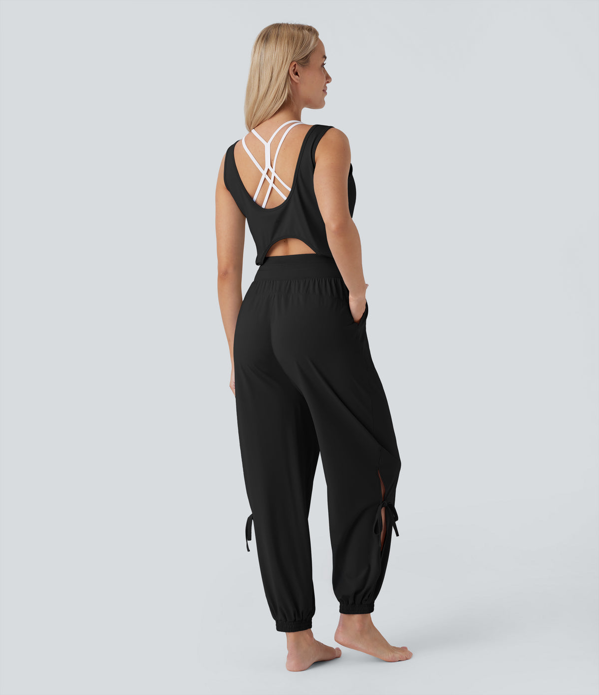 Sleeveless Cut Out Drawstring Pocket Yoga Jumpsuit-UPF50+ — Black — view 4