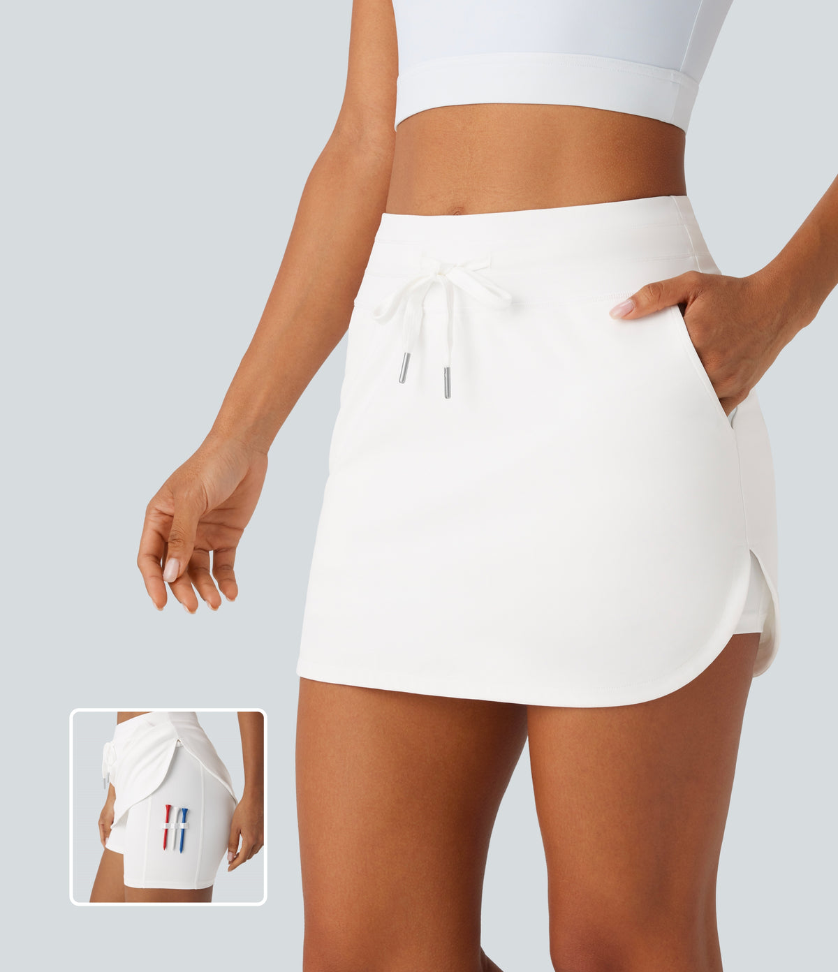 QuickDry High Waisted Drawstring Side Pocket 2-in-1 Curved Hem Mini Golf Skirt-Golf Tee Pocket — White — view 1