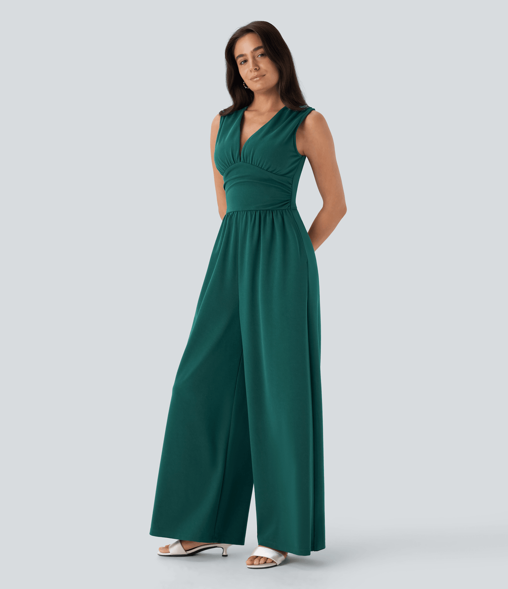 V Neck Sleeveless Ruched Pocket Jumpsuit — Bayberry — view 3