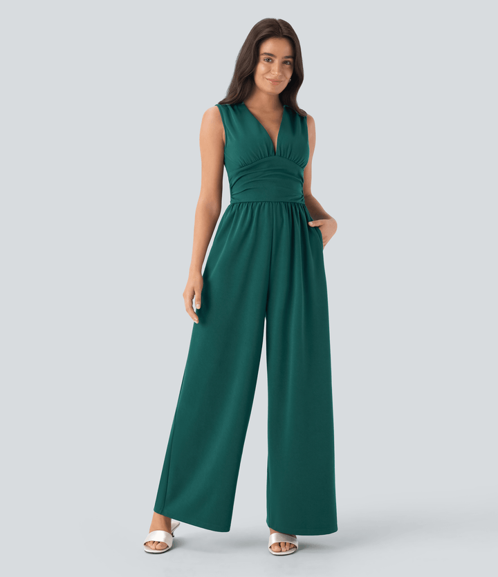 V Neck Sleeveless Ruched Pocket Jumpsuit — Bayberry — view 1