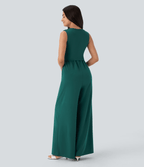 V Neck Sleeveless Ruched Pocket Jumpsuit — Bayberry — view 2