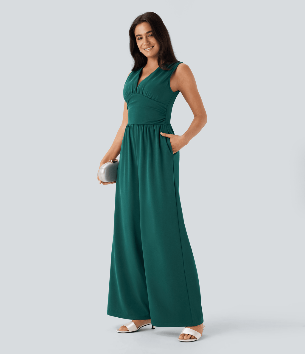 V Neck Sleeveless Ruched Pocket Jumpsuit — Bayberry — view 8
