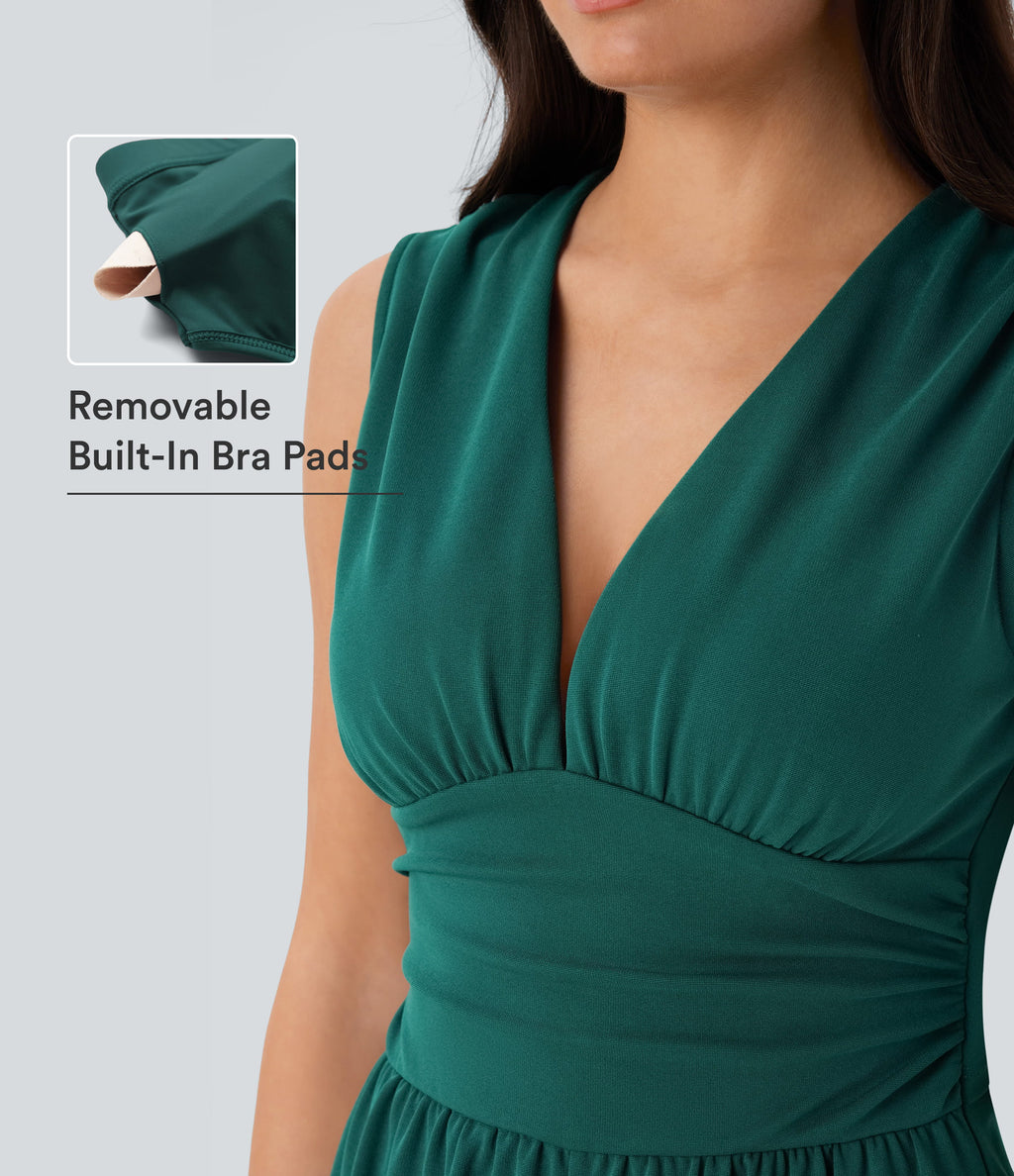 V Neck Sleeveless Ruched Pocket Jumpsuit — Bayberry — view 6