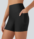 High Waisted Tummy Control Pocket Sheen Running Biker Shorts 5'' — Black — view 4