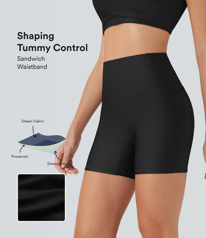 High Waisted Tummy Control Pocket Sheen Running Biker Shorts 5'' — Black — view 1