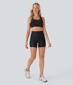 High Waisted Tummy Control Pocket Sheen Running Biker Shorts 5'' — Black — view 6