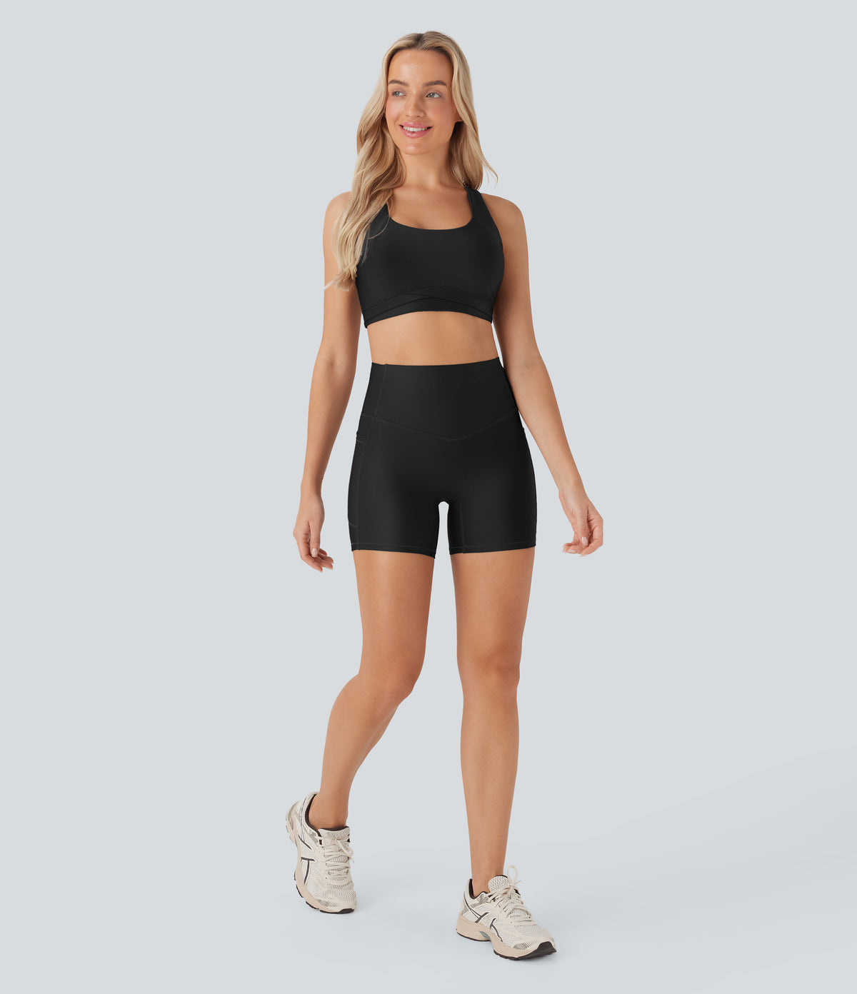 High Waisted Tummy Control Pocket Sheen Running Biker Shorts 5'' — Black — view 6